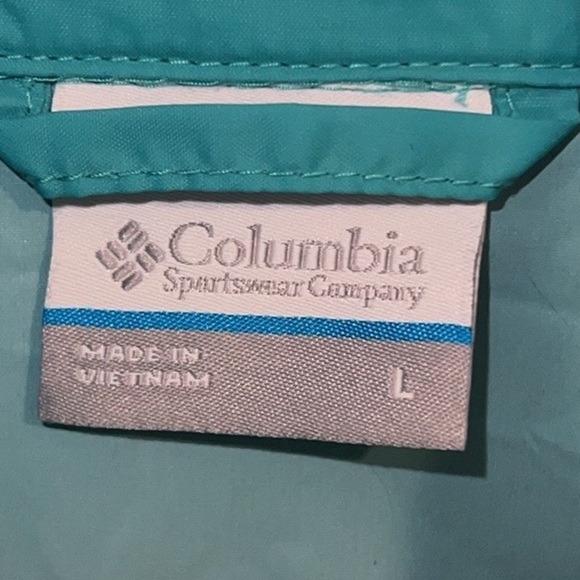Columbia Aqua Blue Waterproof Lightweight packable hooded zipper rain Jacket L - Picture 5 of 6